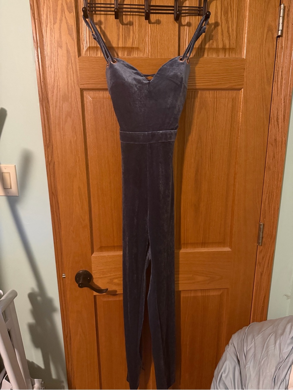 Fashion Nova Slate Blue Velvet Jumpsuit